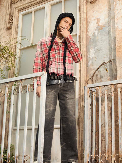 Cotton Plaid Shirt with Paint Splatter Design, Distressed Hem and Pockets, Casual Men's Long Sleeve Button-Up Jacket 