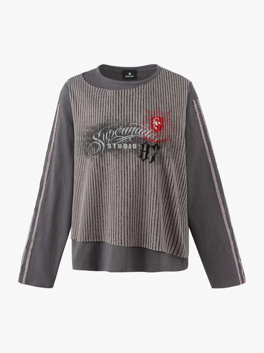 Striped Graphic Layered Patchwork Sweatshirt