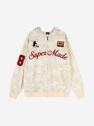 Zebra Graphic Embroidered Oversized Zip Hoodie