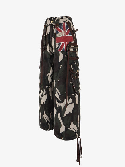 Retro Union Flag Patch Camouflage Cargo Pants 