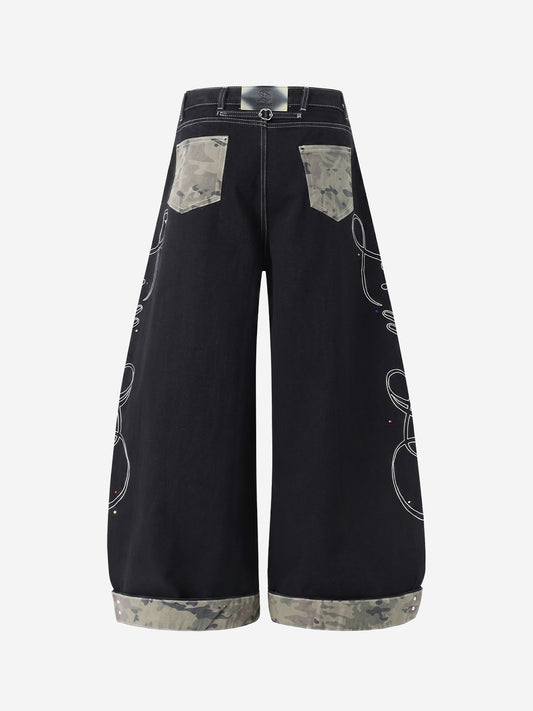 Camo Patchwork Rhinestone Embroidered Straight-Leg Jeans