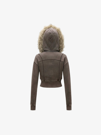 Distressed Faux Fur Slim Zip-Up Hoodie