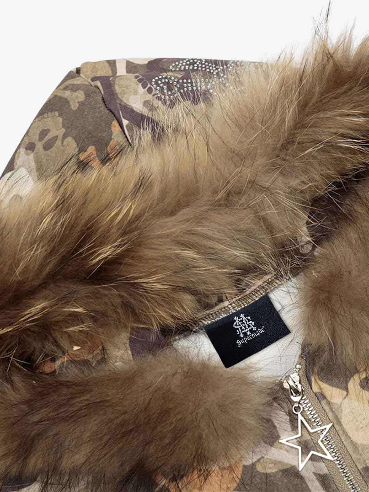 Camouflage Skull Print Bomber Jacket with Faux Fur Hood Trim 