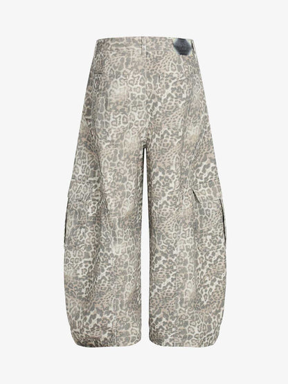 Light Leopard Print Wide-Leg Cargo Barrel Pants 