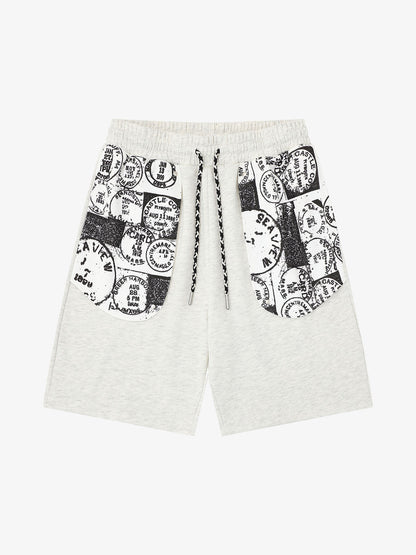 Stamp Print Patch Pocket Knit Shorts 