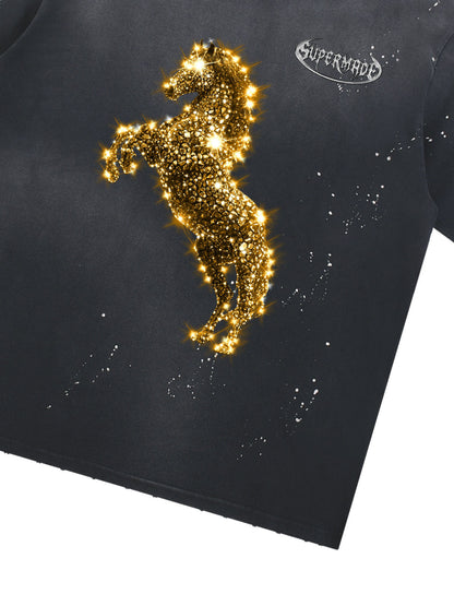 Unisex Washed Ink Blending Dual Color Cotton Horse Year Embroidered Diamond Horse Element Pattern Short-Sleeve T-Shirt 
