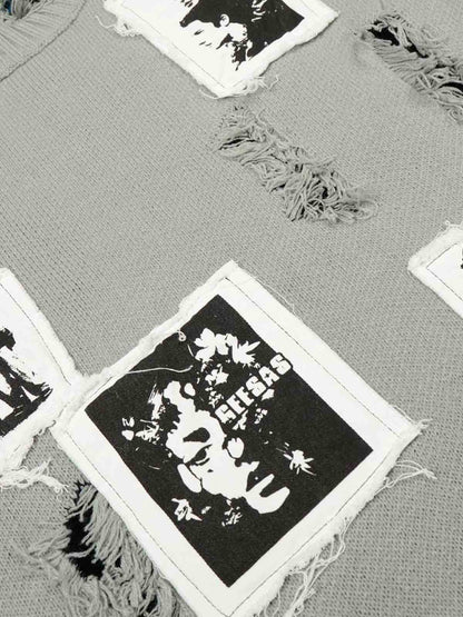 Distressed Photo Patch Oversized Knit Sweater