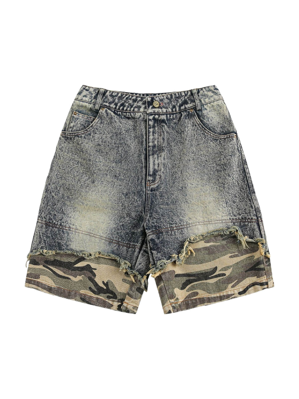Retro Washed  Camouflage Ripped Faux Two-Piece Jorts