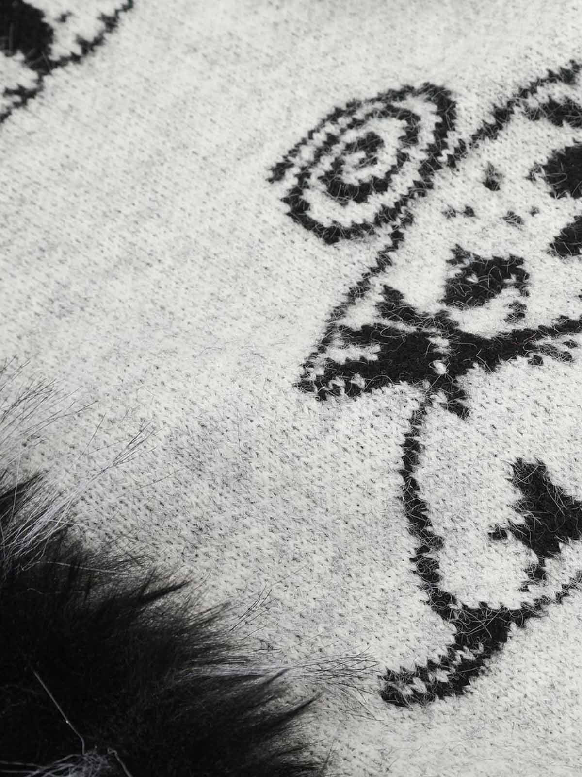 Cartoon Puppy Jacquard Faux-Fur Collar Knit Sweater