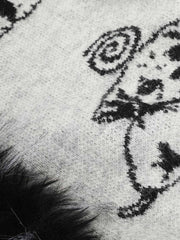 Cartoon Puppy Jacquard Faux-Fur Collar Knit Sweater