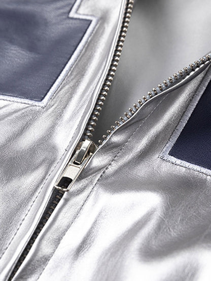 Reflective Metallic Track Jacket with Pink Accents for Sporty Elegance 