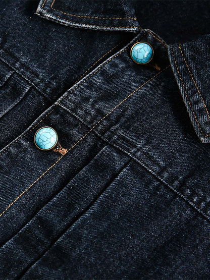 Stylish Denim Jacket with Turquoise Button Accents for Women 