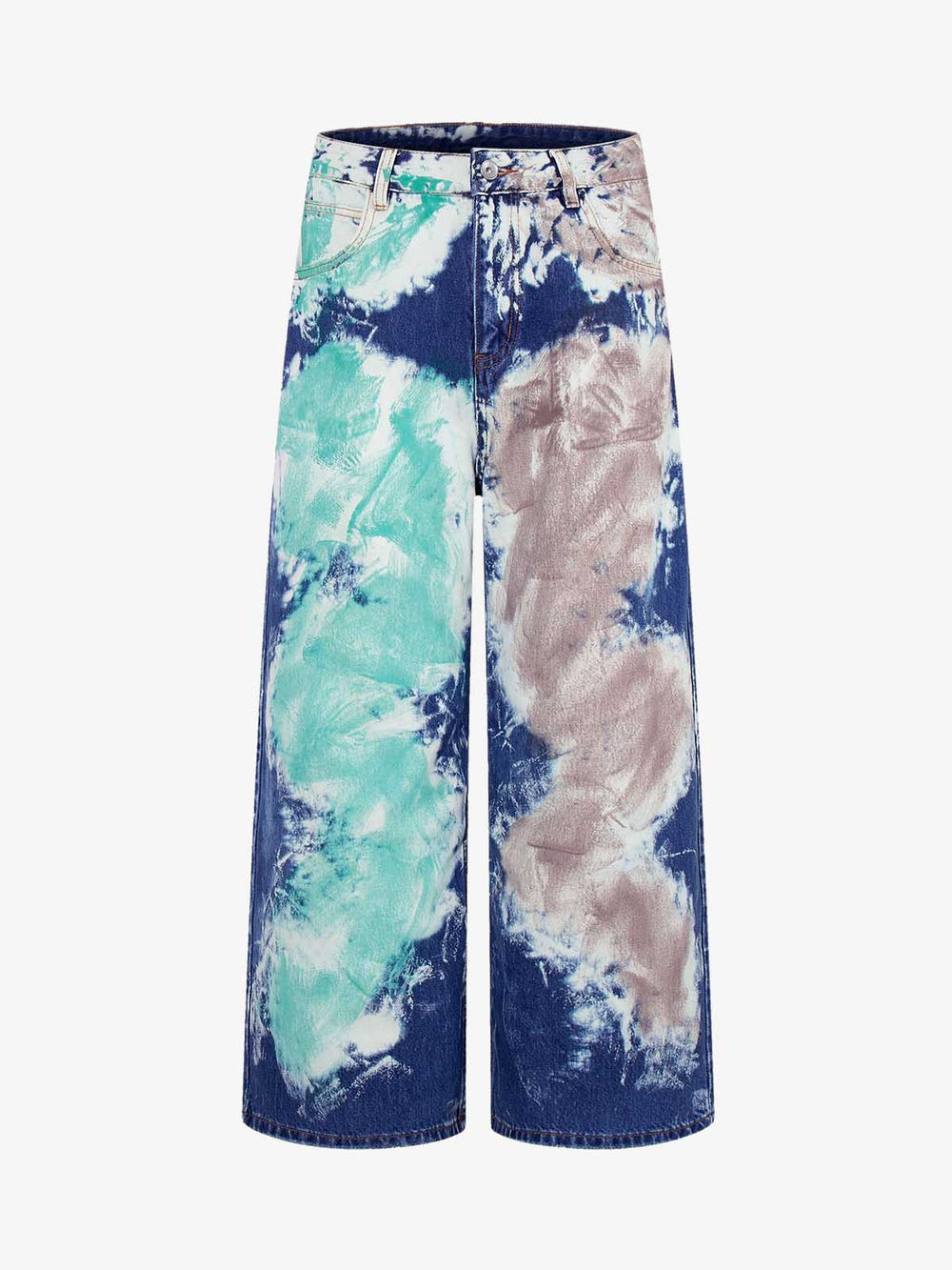 Denim Tie-Dye Wide Leg Jeans with Blue Green and Beige Patterns 