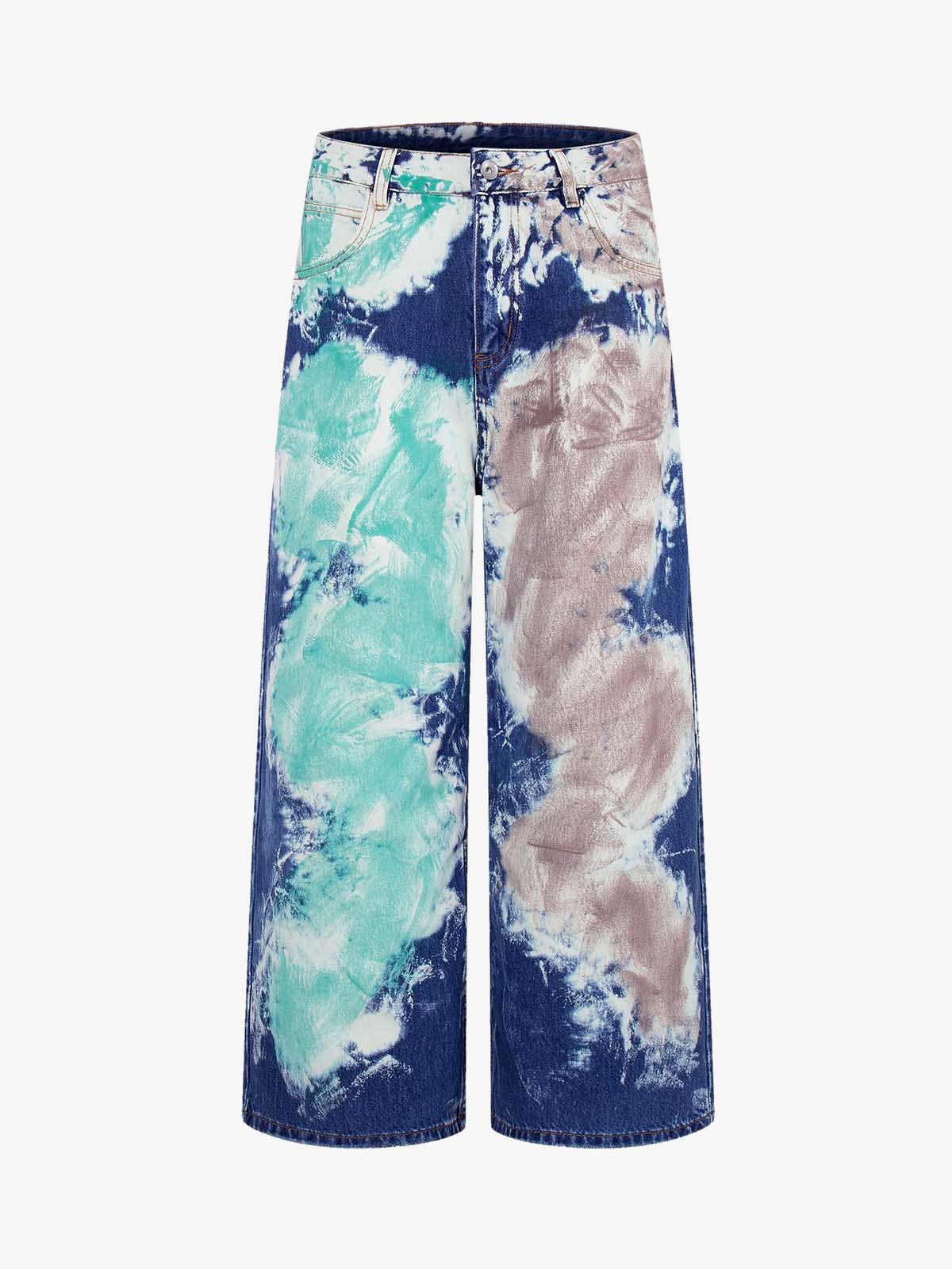 Denim Tie-Dye Wide Leg Jeans with Blue Green and Beige Patterns 