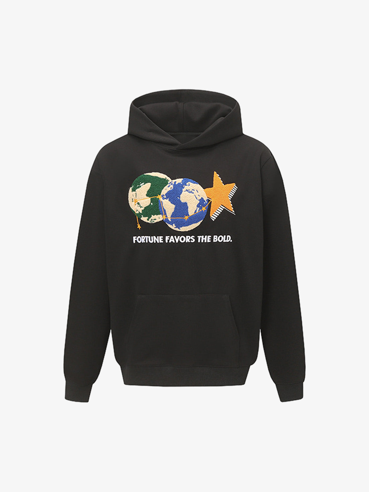 Unisex Hoodie with Embroidered Earth and Star Design - Trendy and Bold Statement Piece 