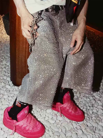 Studded Denim Cargo Shorts for Men with Rhinestone Embellishment, Fashionable Streetwear Style, Distressed Hem Design 