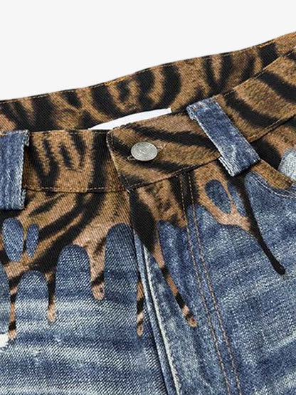 Denim Wide Leg Jeans with Tiger Print Patchwork and Ripped Details 