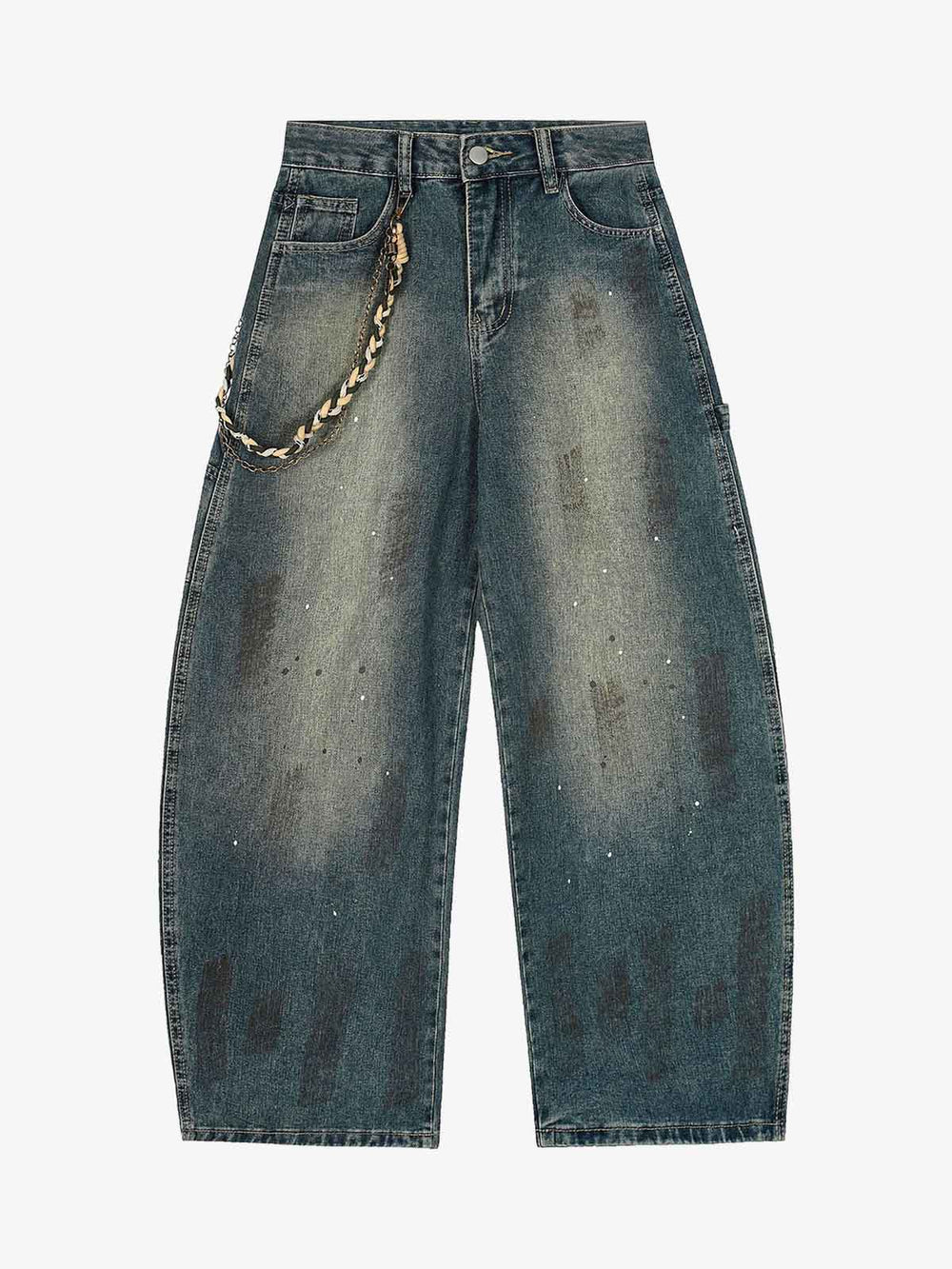 Distressed Denim Jeans with Braided Chain Detail - Perfect for Casual and Streetwear Styles 