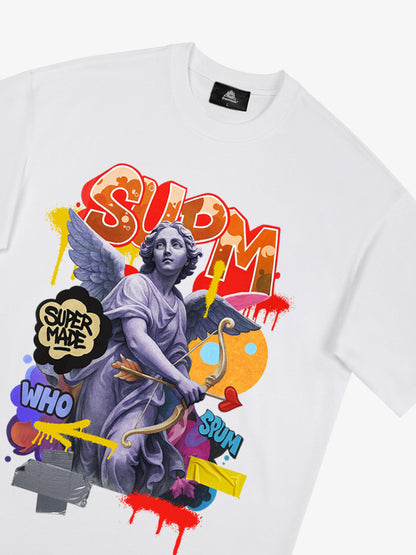Angel statue and street graffiti mixed pattern T-shirt 