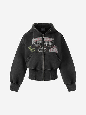 Kurzer Hoodie mit Used-Look-Grafikmuster