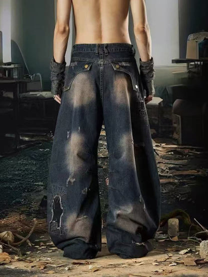 Vintage Washed Patchwork Distressed Barrel Jeans 