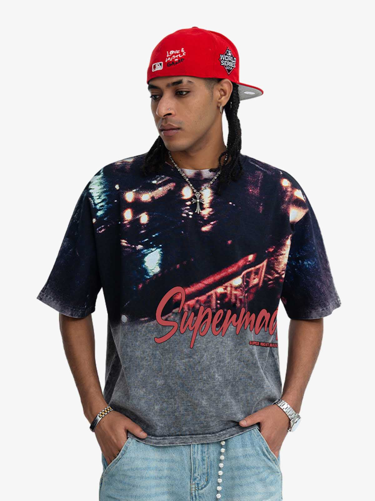 300G Cotton Nightfall Jade Pattern Dyeing Oversized T-Shirt for Men Streetwear Fashion 