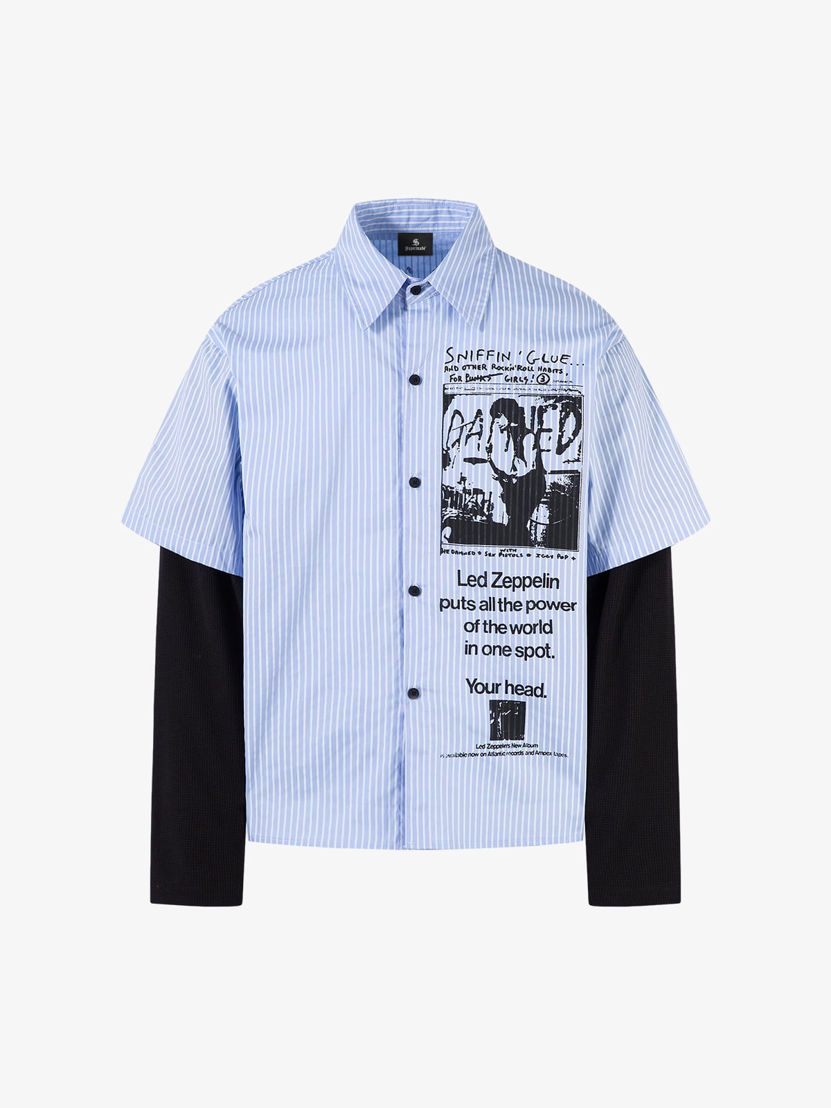 Striped Short-Sleeve Shirt with Graphic Print and Layered Sleeves 