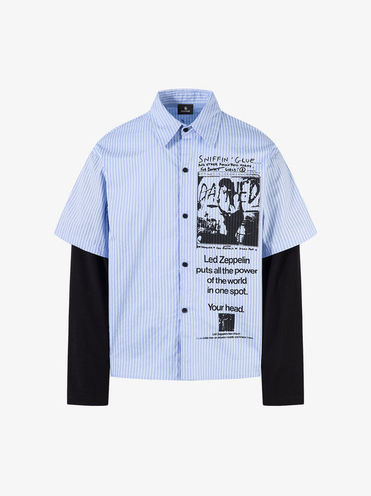 Striped Short-Sleeve Shirt with Graphic Print and Layered Sleeves 