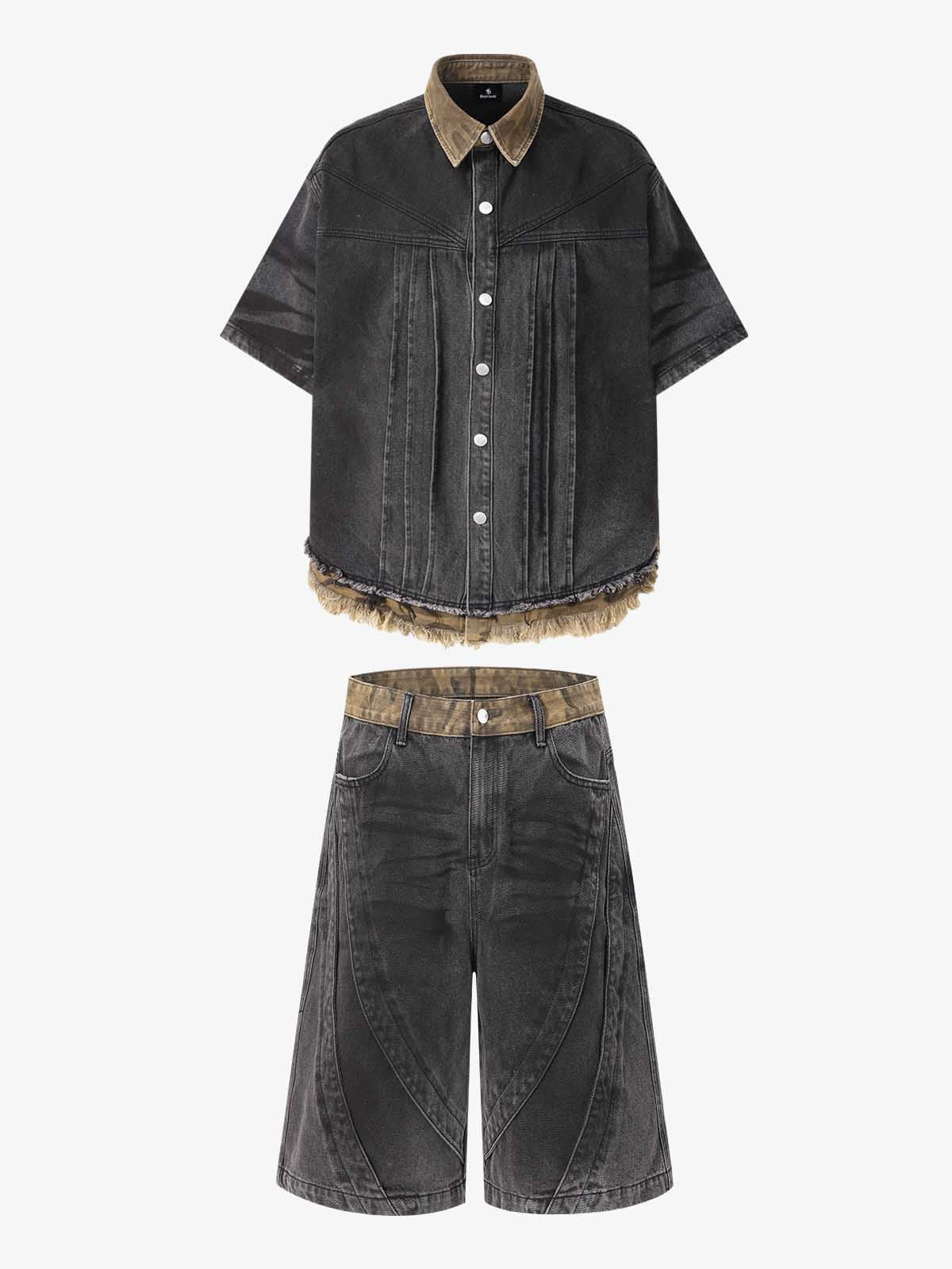 Camo-Trimmed Pleated Denim Utility Set 