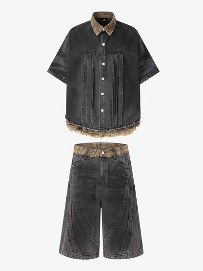 Camo-Trimmed Pleated Denim Utility Set 