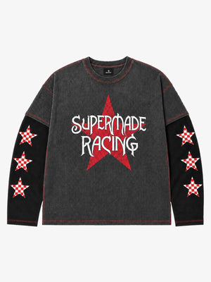 Racing Star Graphic Paneled Waffle Long Sleeve Tee