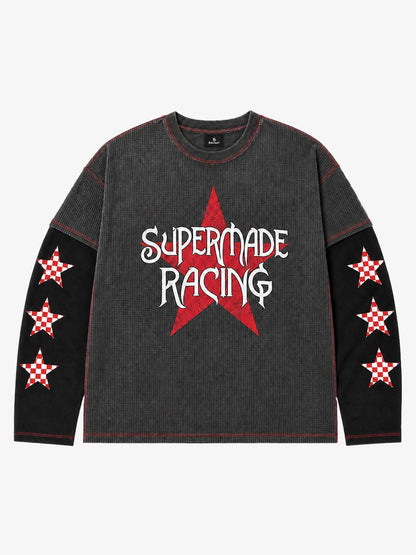 Racing Star Graphic Paneled Waffle Long Sleeve Tee