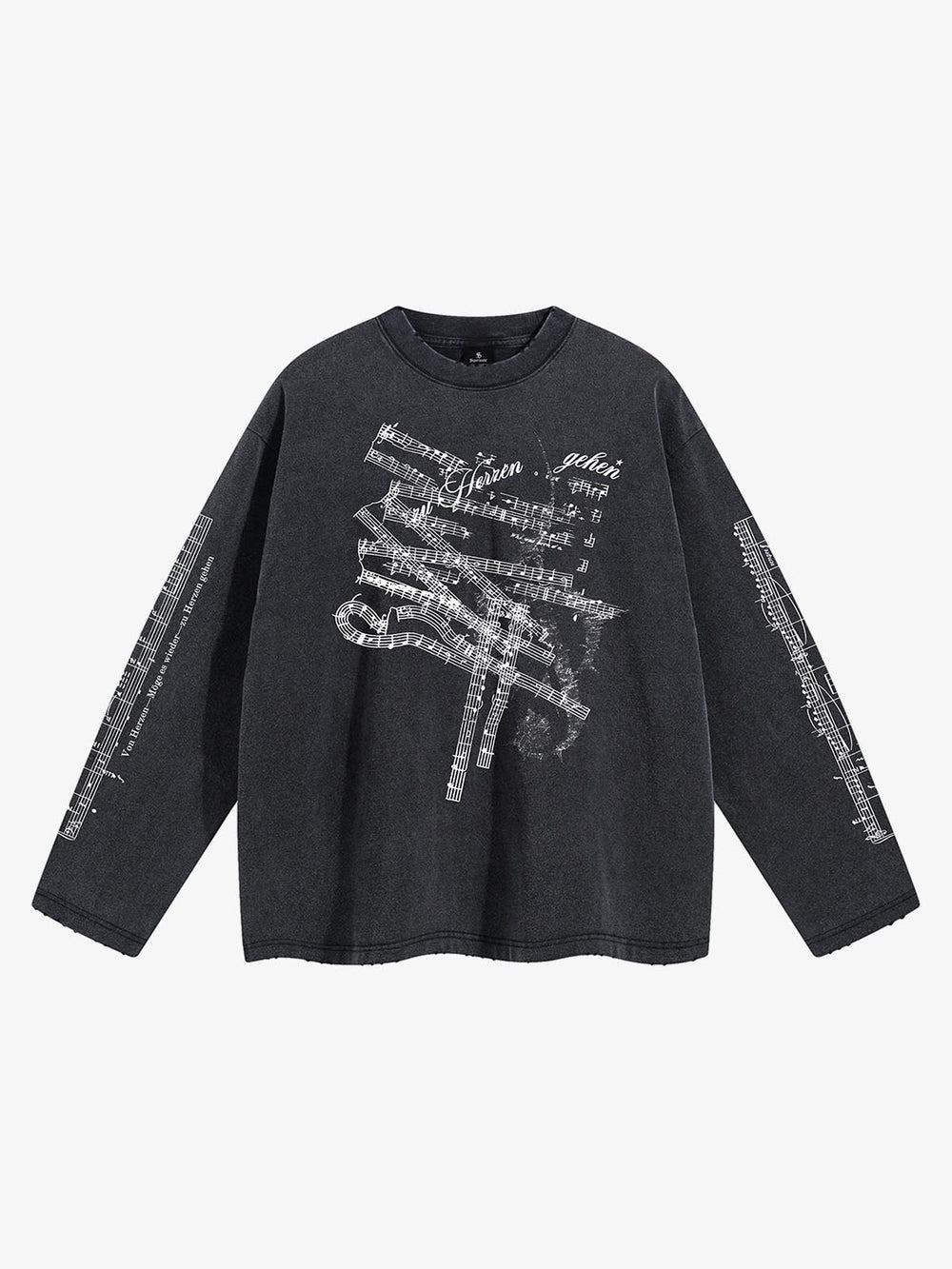 Music Score Graphic Distressed Long Sleeve Tee