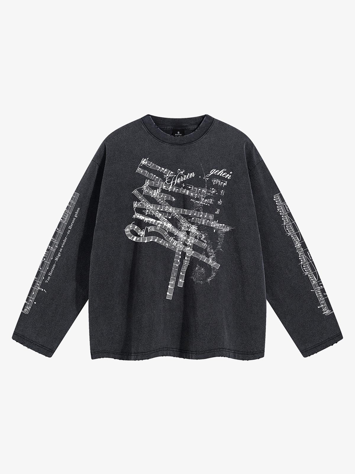 Music Score Graphic Distressed Long Sleeve Tee