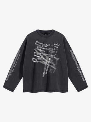 Music Score Graphic Distressed Long Sleeve Tee