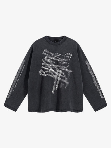 Music Score Graphic Distressed Long Sleeve Tee