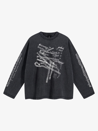 Music Score Graphic Distressed Long Sleeve Tee