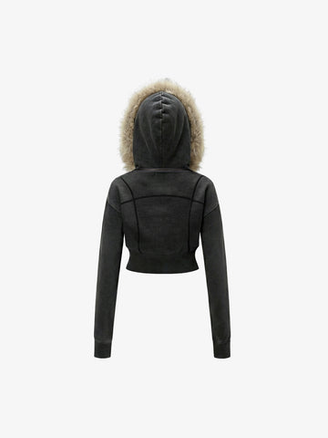 Distressed Faux Fur Slim Zip-Up Hoodie