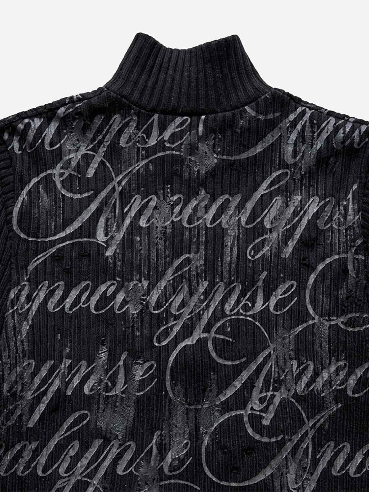 Studded Gothic Letter Stand-Collar Zip Knit Sweater