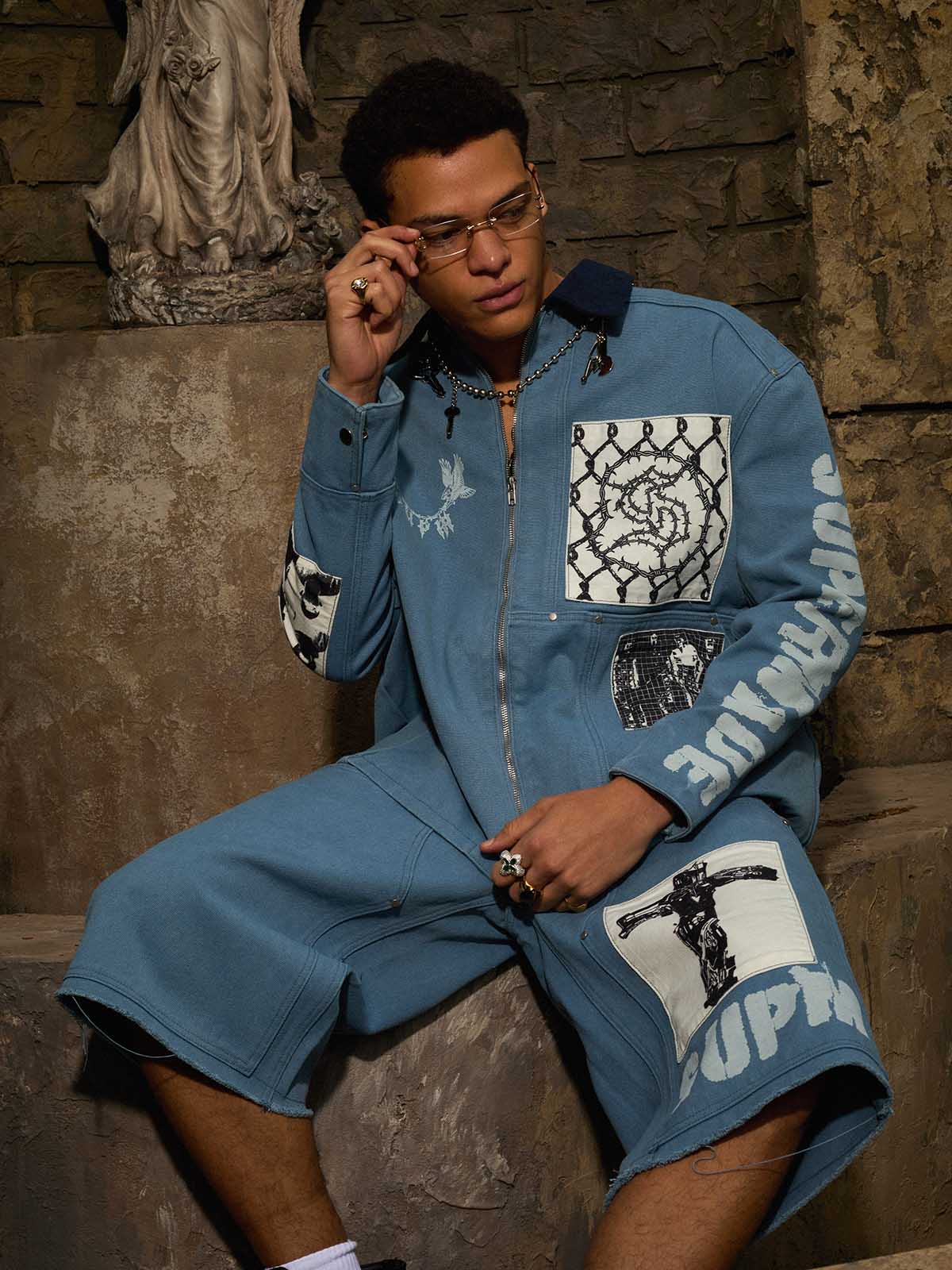 Supermade Multi-Element Appliqué Patchwork Denim Suit 