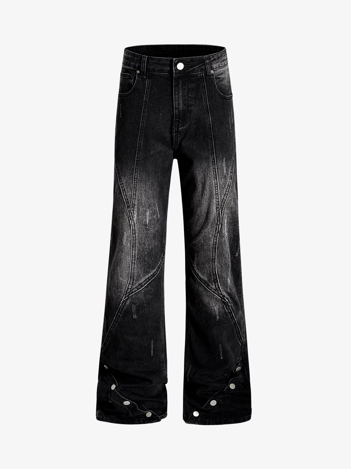 Black Denim Wide-Leg Jeans with Asymmetric Stitching and Button Details 