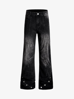 Black Denim Wide-Leg Jeans with Asymmetric Stitching and Button Details 