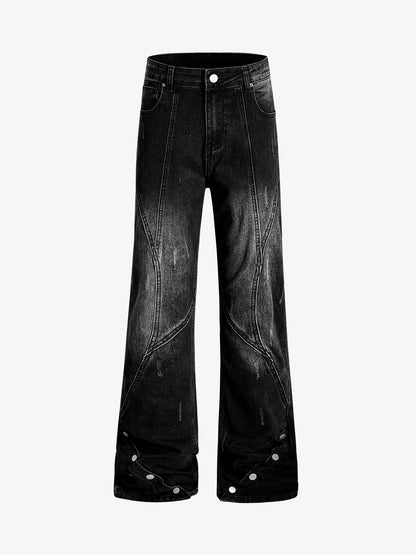 Black Denim Wide-Leg Jeans with Asymmetric Stitching and Button Details 