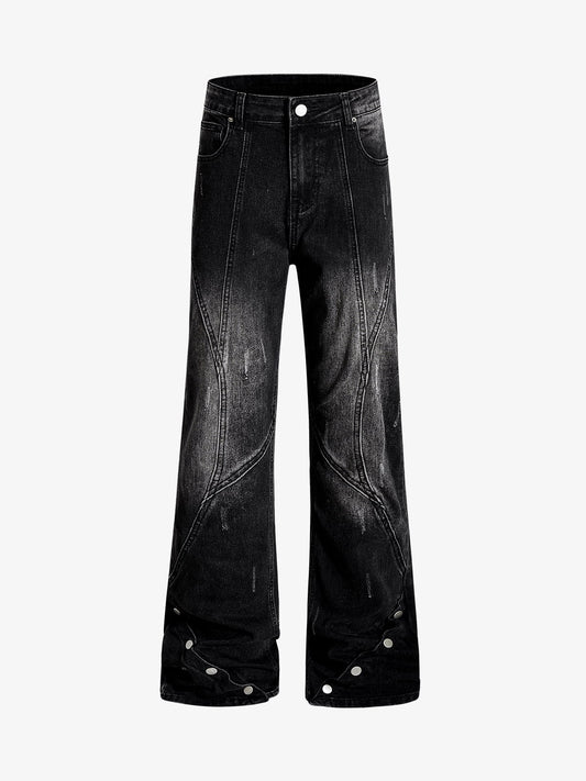 Black Denim Wide-Leg Jeans with Asymmetric Stitching and Button Details 
