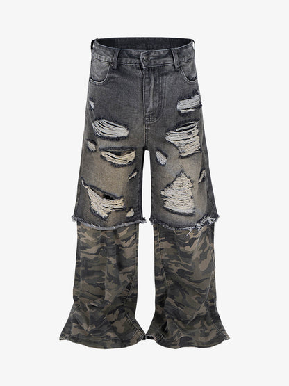 Camouflage Patchwork Flared Wide-leg Ripped Jeans 