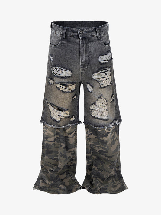 Camouflage Patchwork Flared Wide-leg Ripped Jeans 