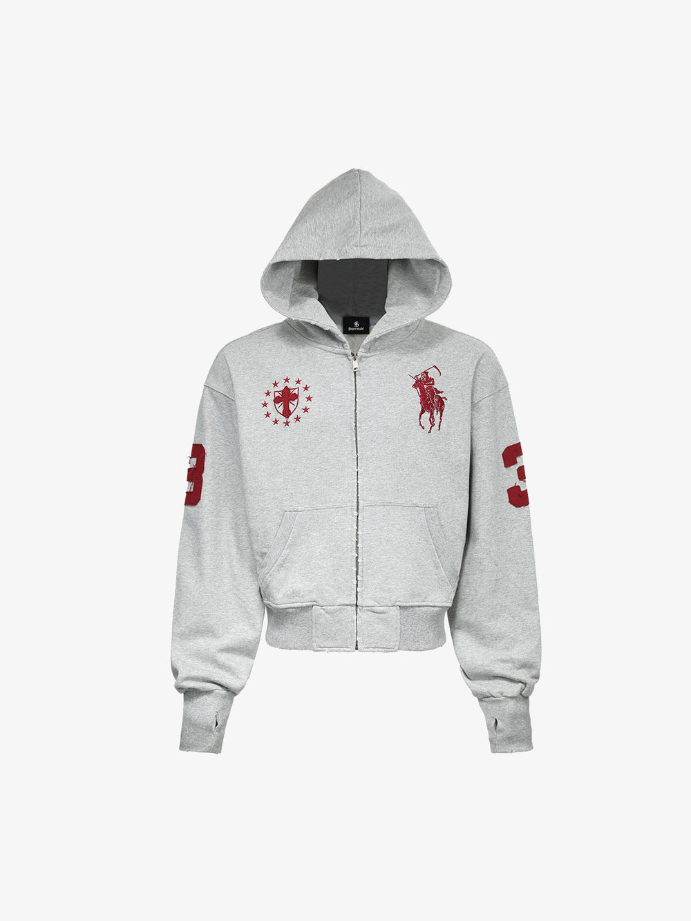 Streetwear Knight Horse bestickter, kurzer Zip-Up-Hoodie