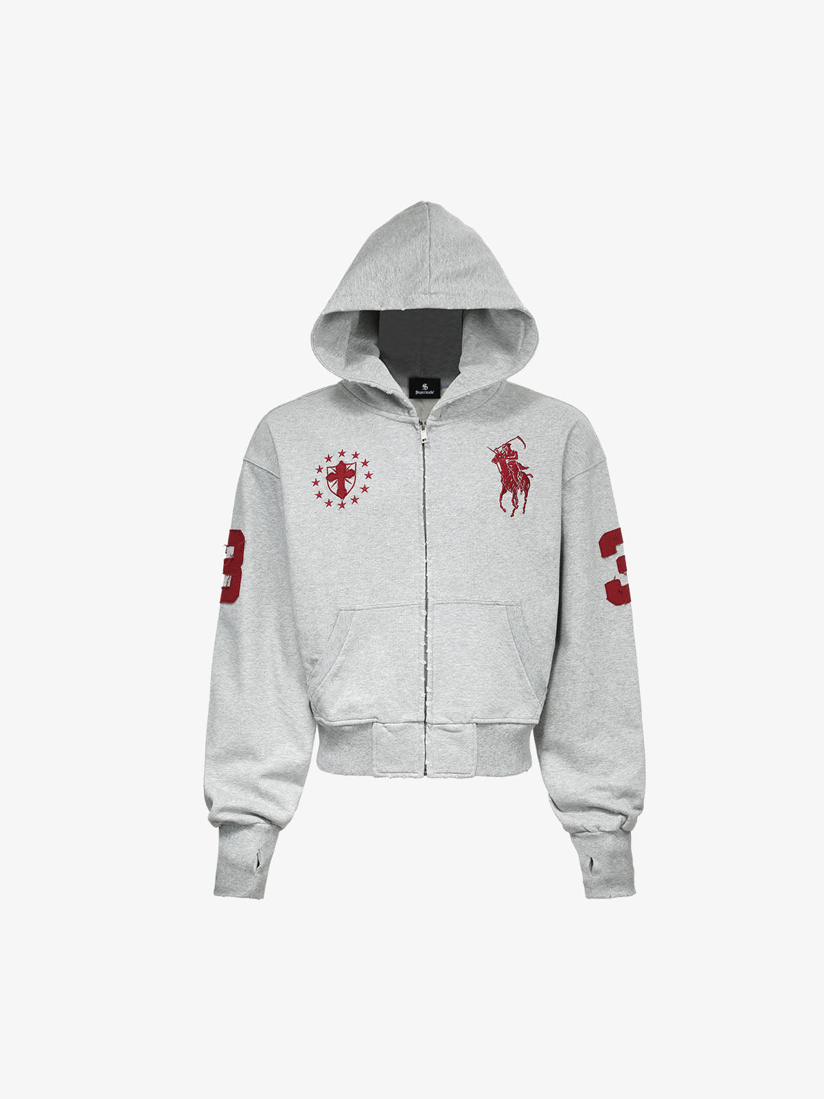Streetwear Knight Horse Embroidered Cropped Zip-Up Hoodie