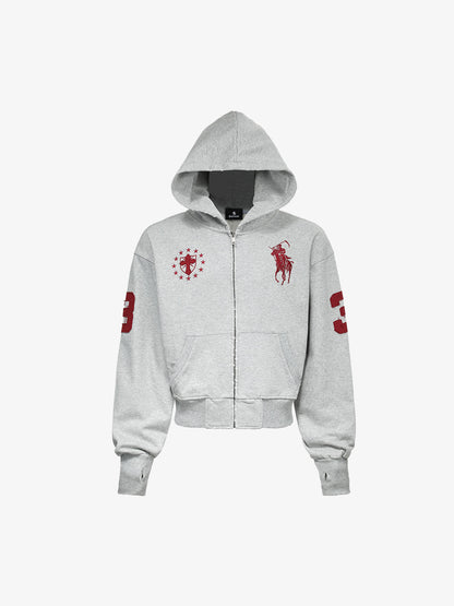 Streetwear Knight Horse Embroidered Cropped Zip-Up Hoodie