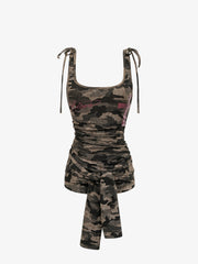 Off-Shoulder Camo Print Long Sleeve Tee